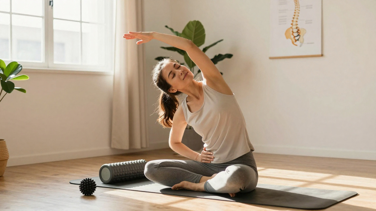 Mulher a fazer alongamentos sentada no chão, num tapete de yoga, numa sala iluminada.