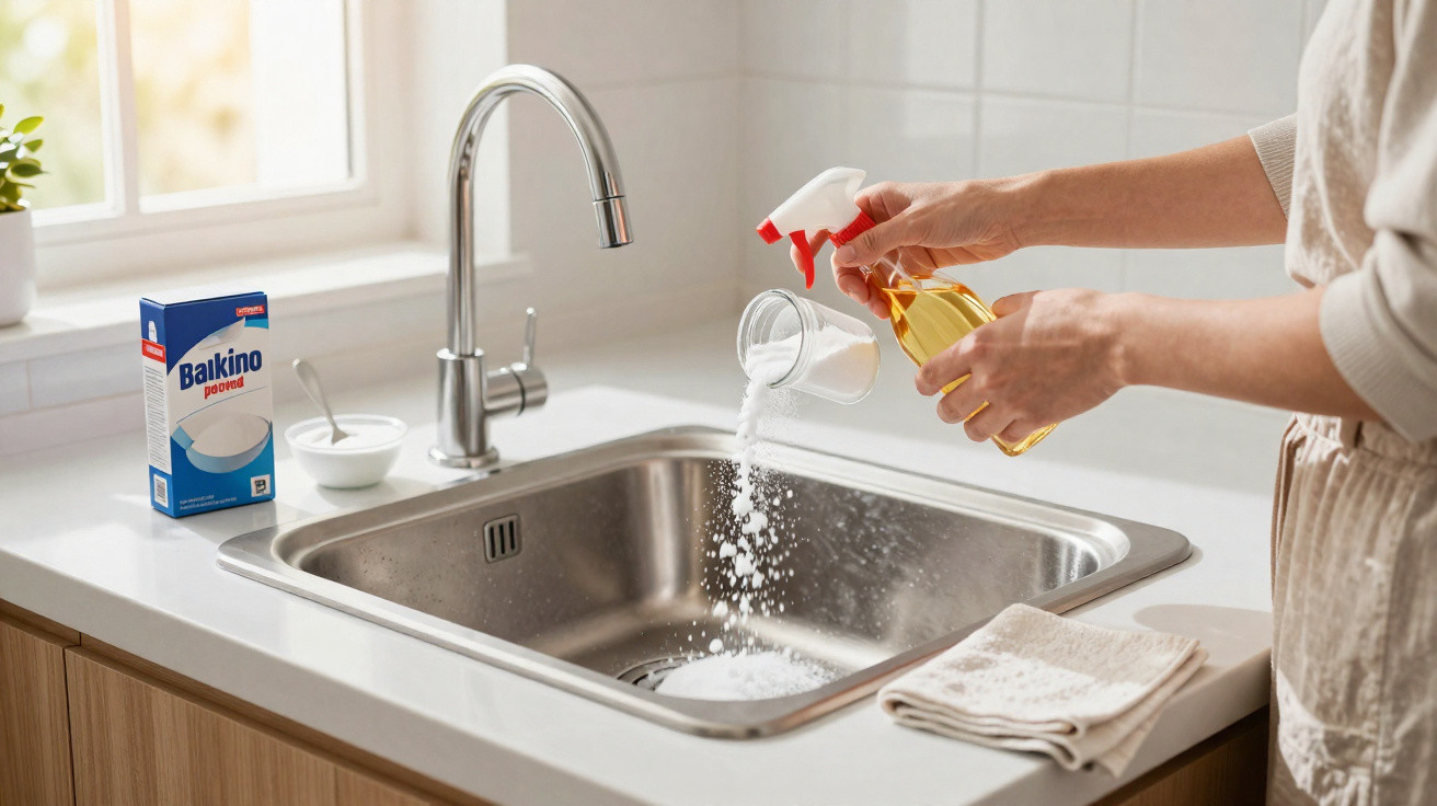 Pessoa a despejar bicarbonato de sódio e spray de limpeza numa pia de cozinha em aço inox.