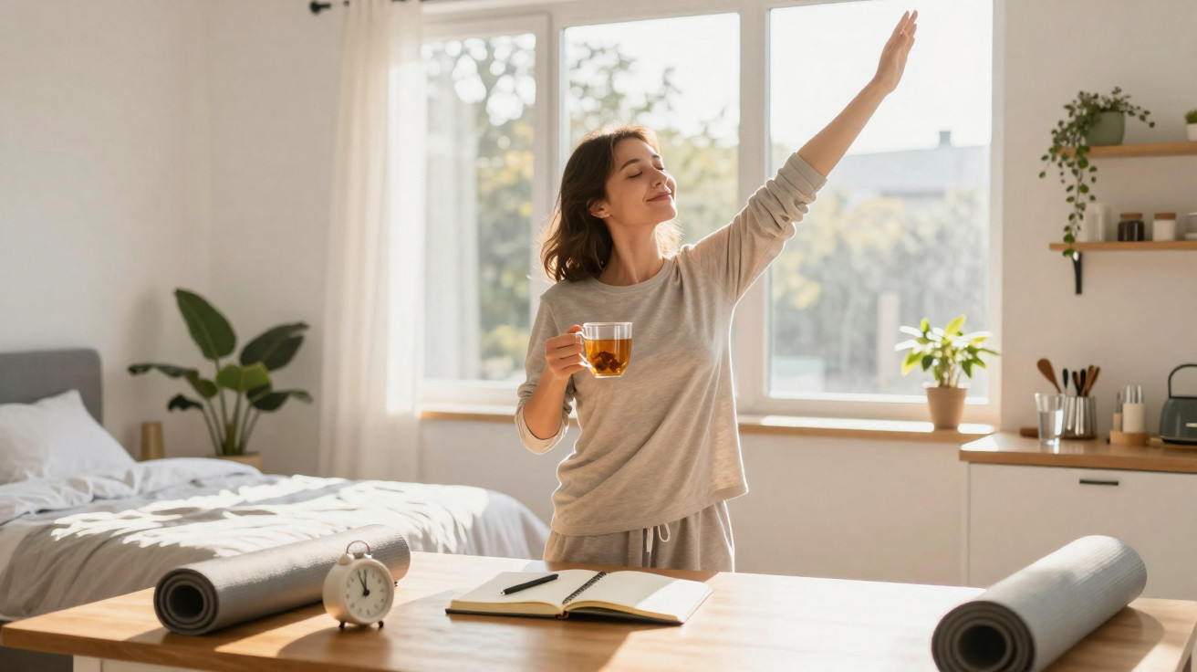 Mulher a alongar o braço com chá na mão numa manhã luminosa numa divisão com cama e tapetes de yoga.