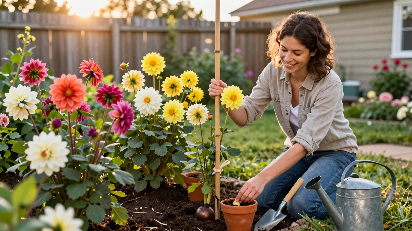 Mulher a cuidar de flores num jardim, com ferramentas de jardinagem e regador ao lado.