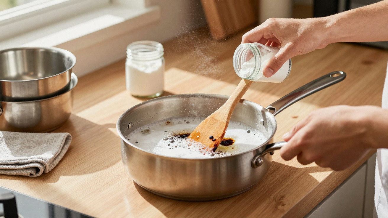 Mãos a temperar e mexer um molho numa frigideira de aço inoxidável numa cozinha clara.