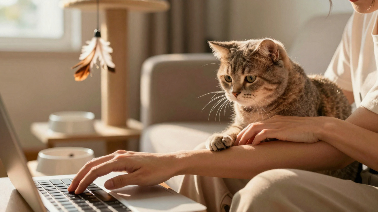 Gato cinzento com reflexos castanhos sentado no colo de uma pessoa enquanto esta usa um computador portátil.