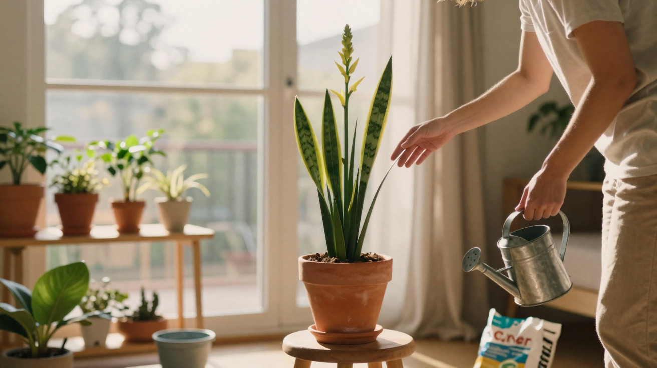 Pessoa a regar planta numa sala iluminada com várias plantas em vasos ao fundo e luz natural.