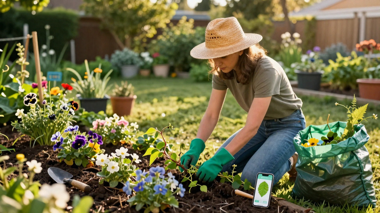 Mulher de chapéu a cuidar de flores num jardim ensolarado, com smartphone e jardineira ao lado.