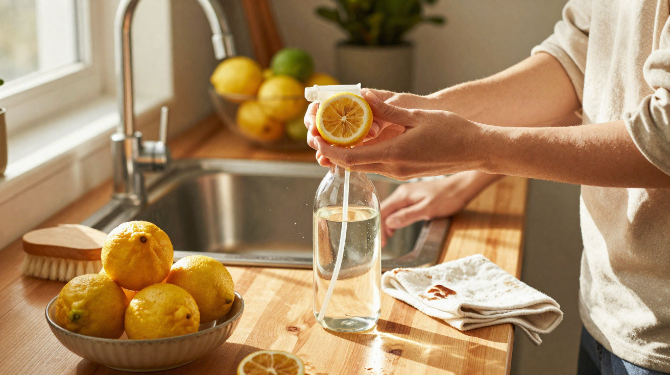 Pessoa a espremer limão na garrafa de vidro com água numa cozinha com luz natural.