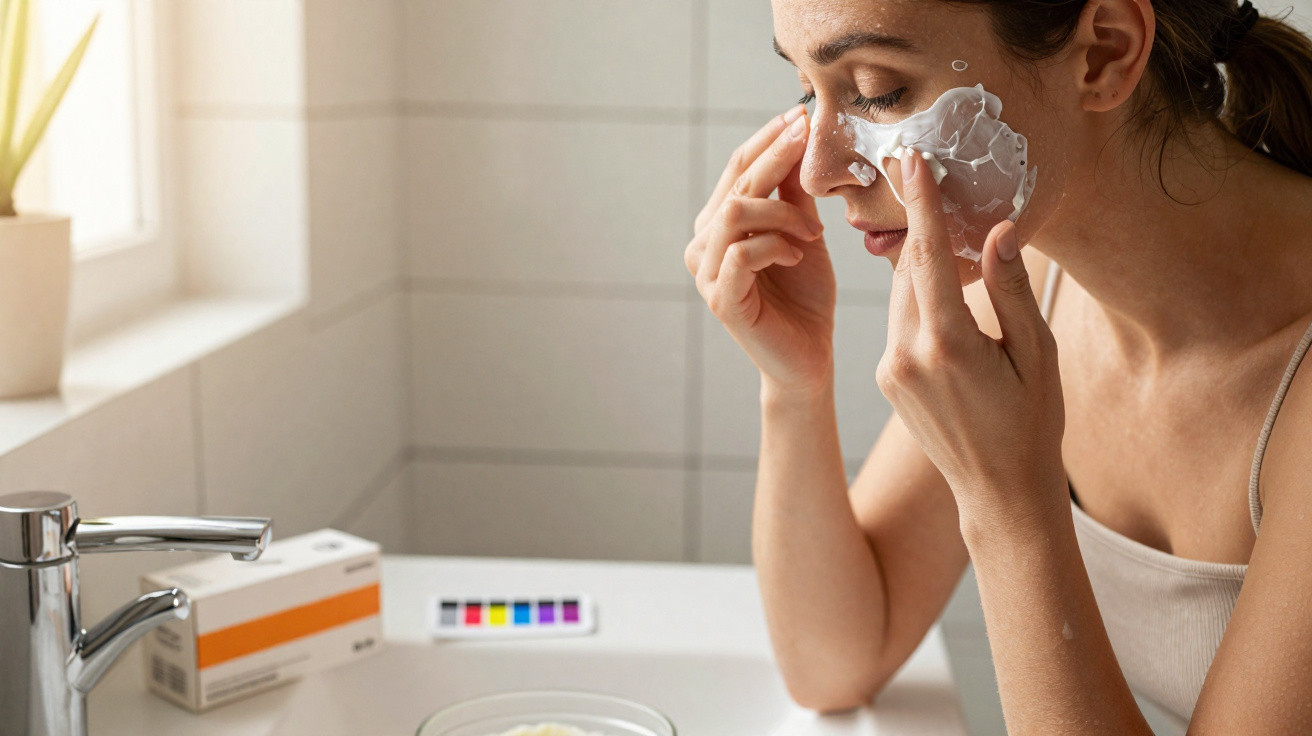 Mulher aplica creme facial branco no rosto num banheiro iluminado pela janela.