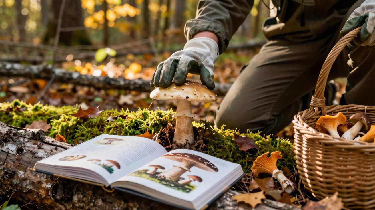 Pessoa colhe cogumelo no chão da floresta perto de livro aberto e cesta com cogumelos.