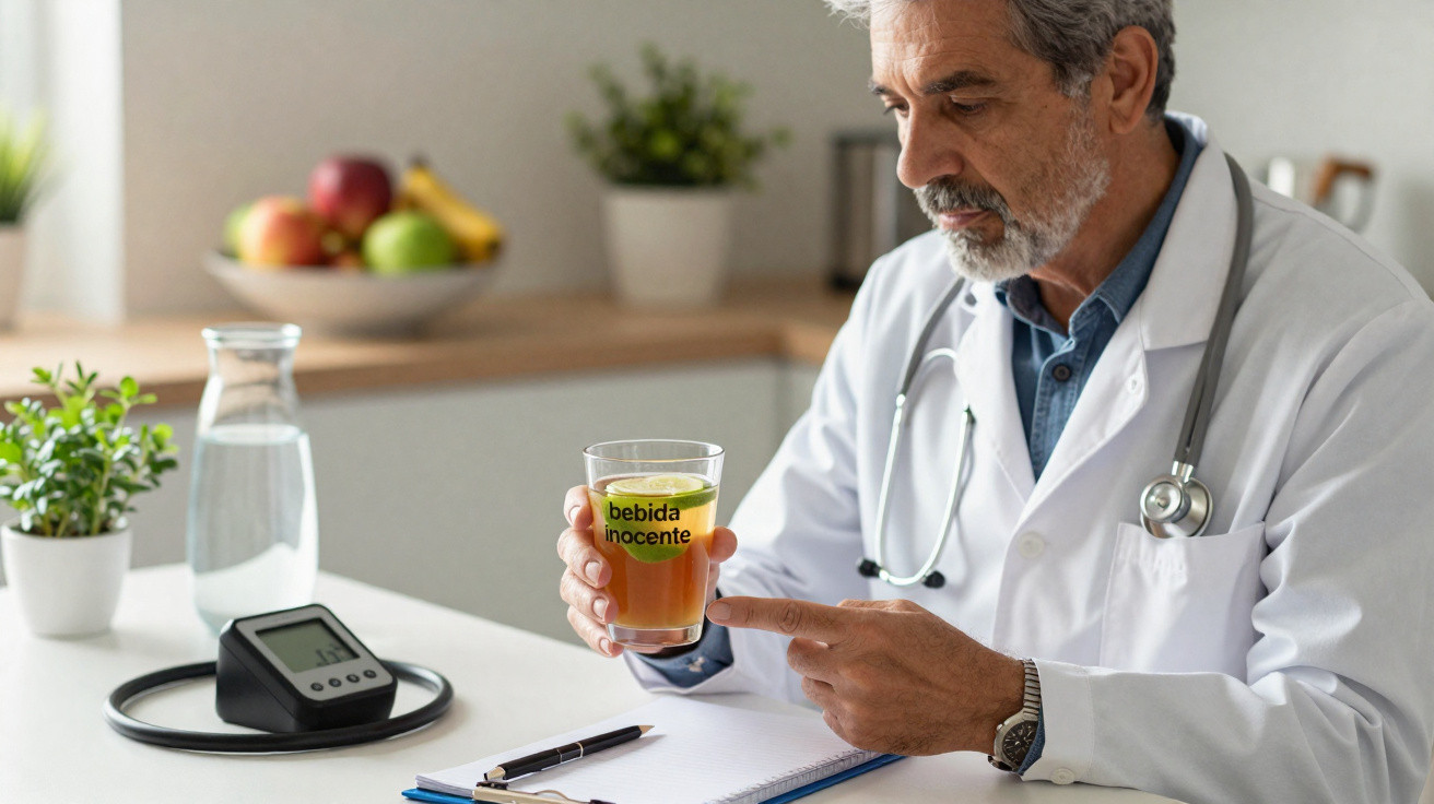 Médico sentado à mesa a apontar para um copo com a frase "bebida inocente".