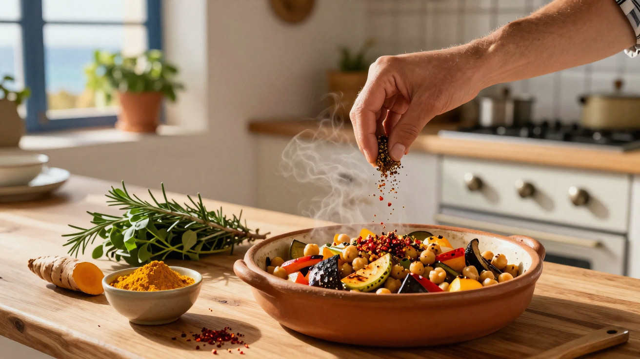 Mão a polvilhar especiarias a prato fumegante com legumes e grão-de-bico numa cozinha iluminada.