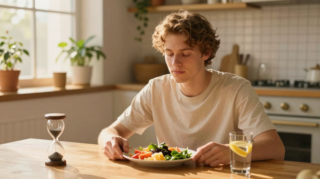 Jovem sentado à mesa na cozinha, prestes a comer salada, com copo de água com limão e ampulheta ao lado.
