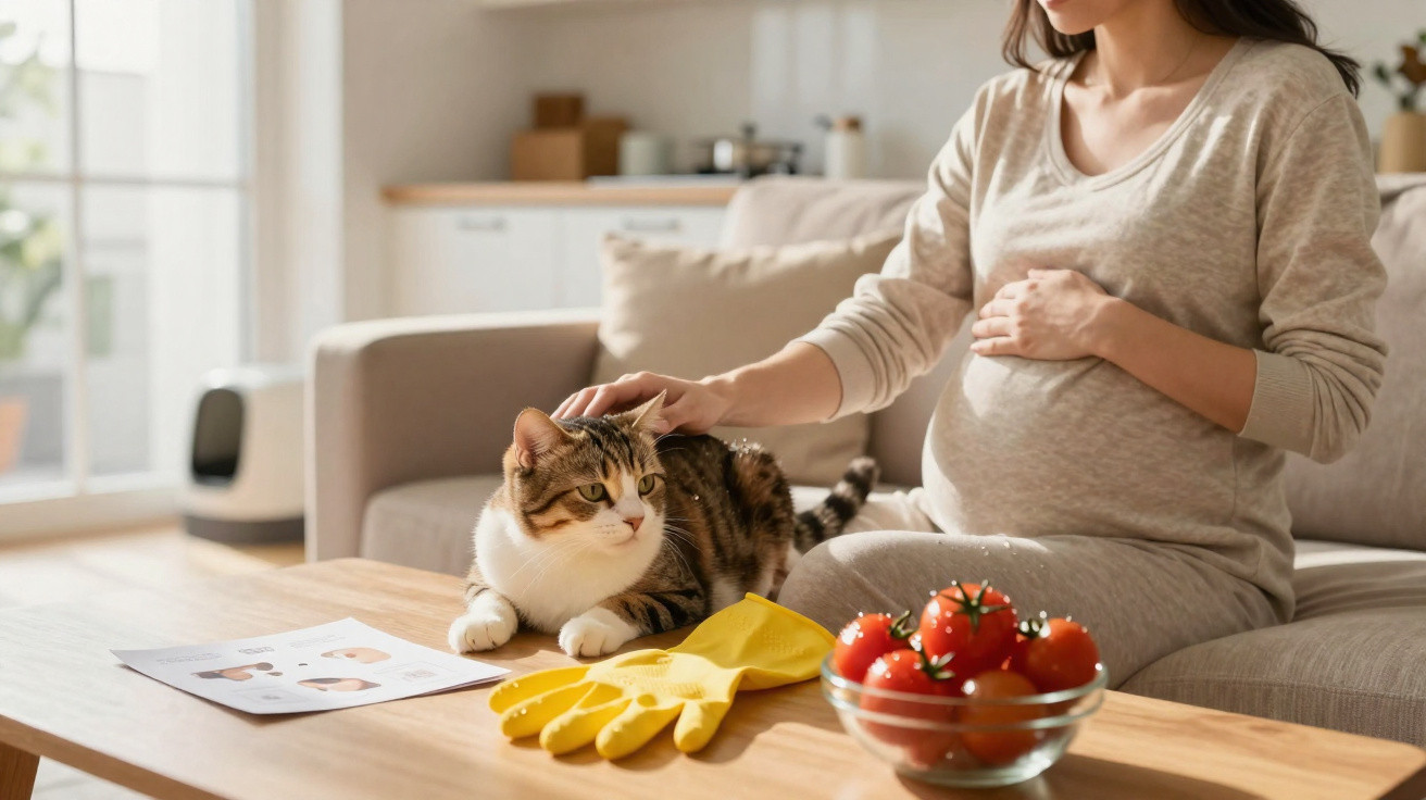 Mulher grávida sentada no sofá a acariciar um gato, com luvas e tomate numa tigela na mesa de madeira.