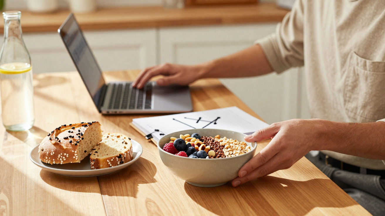 Pessoa sentada a trabalhar num portátil com uma taça de granola e frutas e pão num prato sobre a mesa.