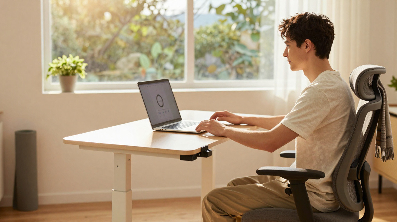 Jovem sentado numa cadeira ergonómica a usar portátil numa mesa ajustável junto a uma janela iluminada.