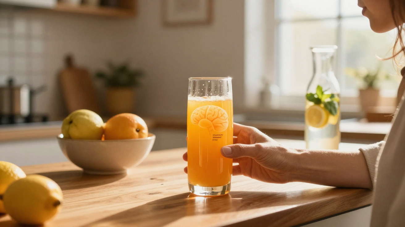 Pessoa segurando copo com sumo de laranja numa cozinha iluminada com frutas e jarra de água na mesa.