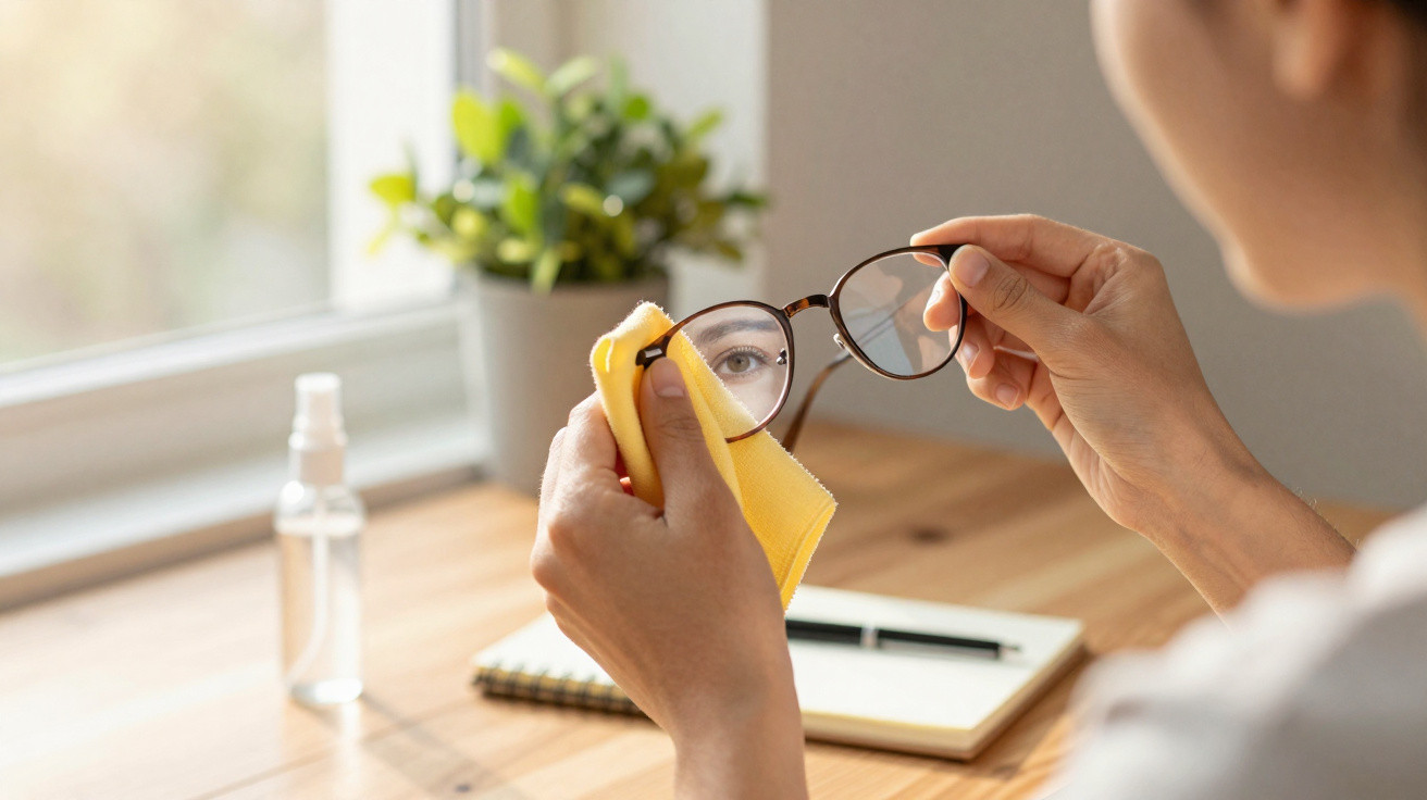 Pessoa a limpar óculos com um pano amarelo ao lado de uma secretária com caderno e planta.