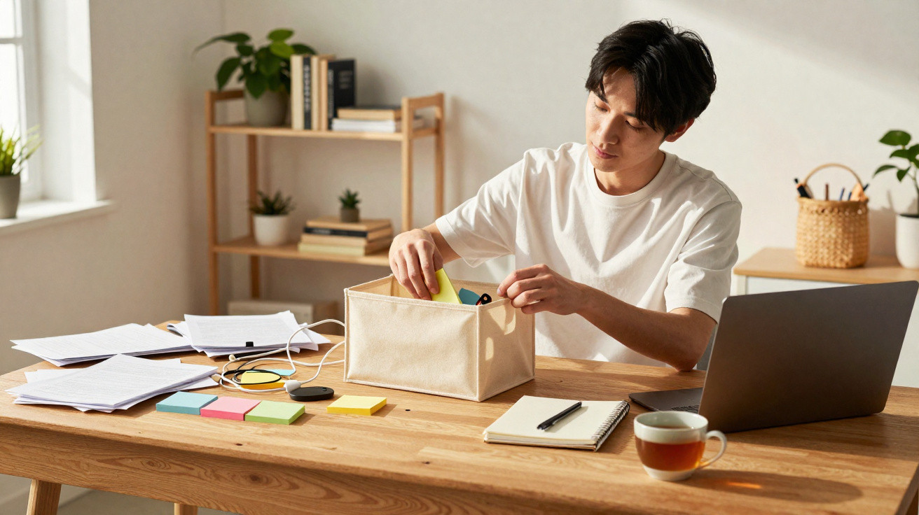 Homem a organizar post-its numa caixa enquanto trabalha num escritório doméstico iluminado.