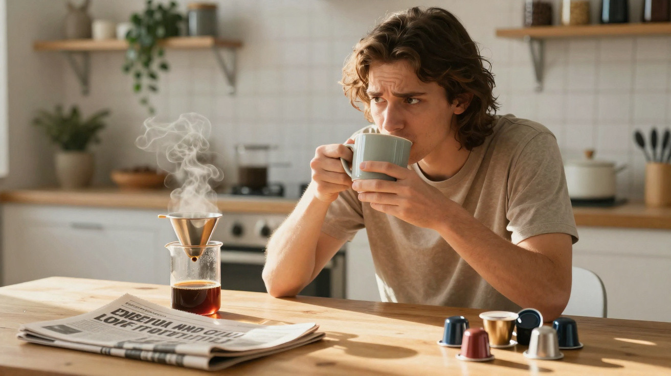 Jovem sentado à mesa, a cheirar e beber café quente numa caneca, com cápsulas e jornal à sua frente.