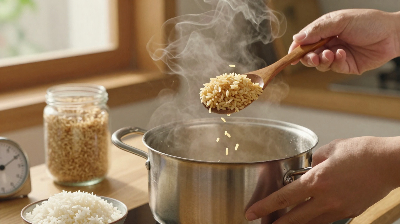 Pessoa a adicionar arroz integral a uma panela metálica a ferver numa cozinha iluminada.