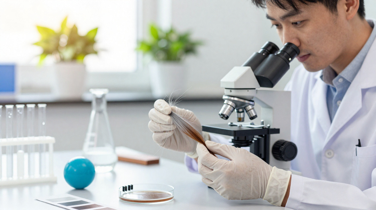 Cientista de luvas analisa amostra de cabelo com microscópio num laboratório iluminado.