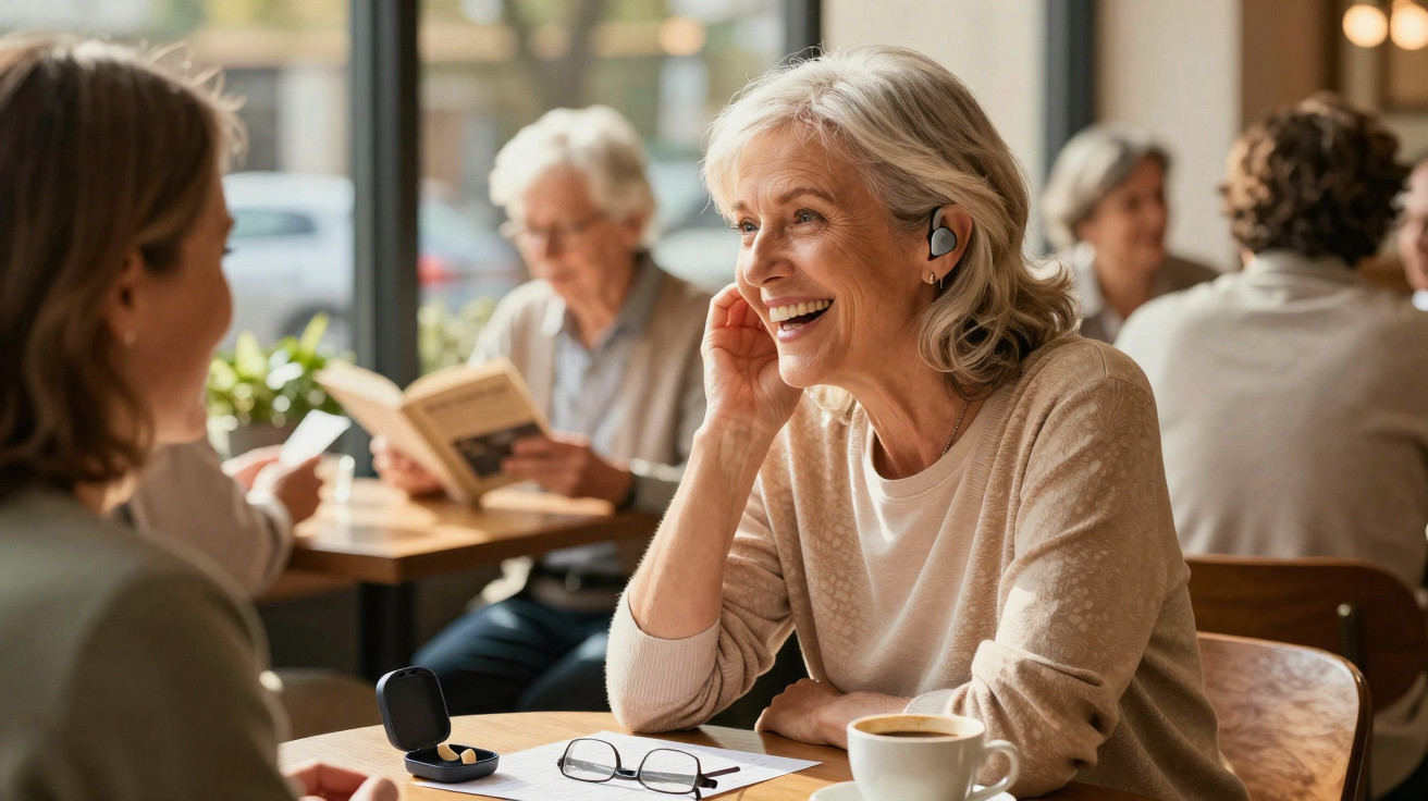 Duas mulheres conversam alegremente numa esplanada, enquanto uma usa earphones sem fios e tem café à frente.