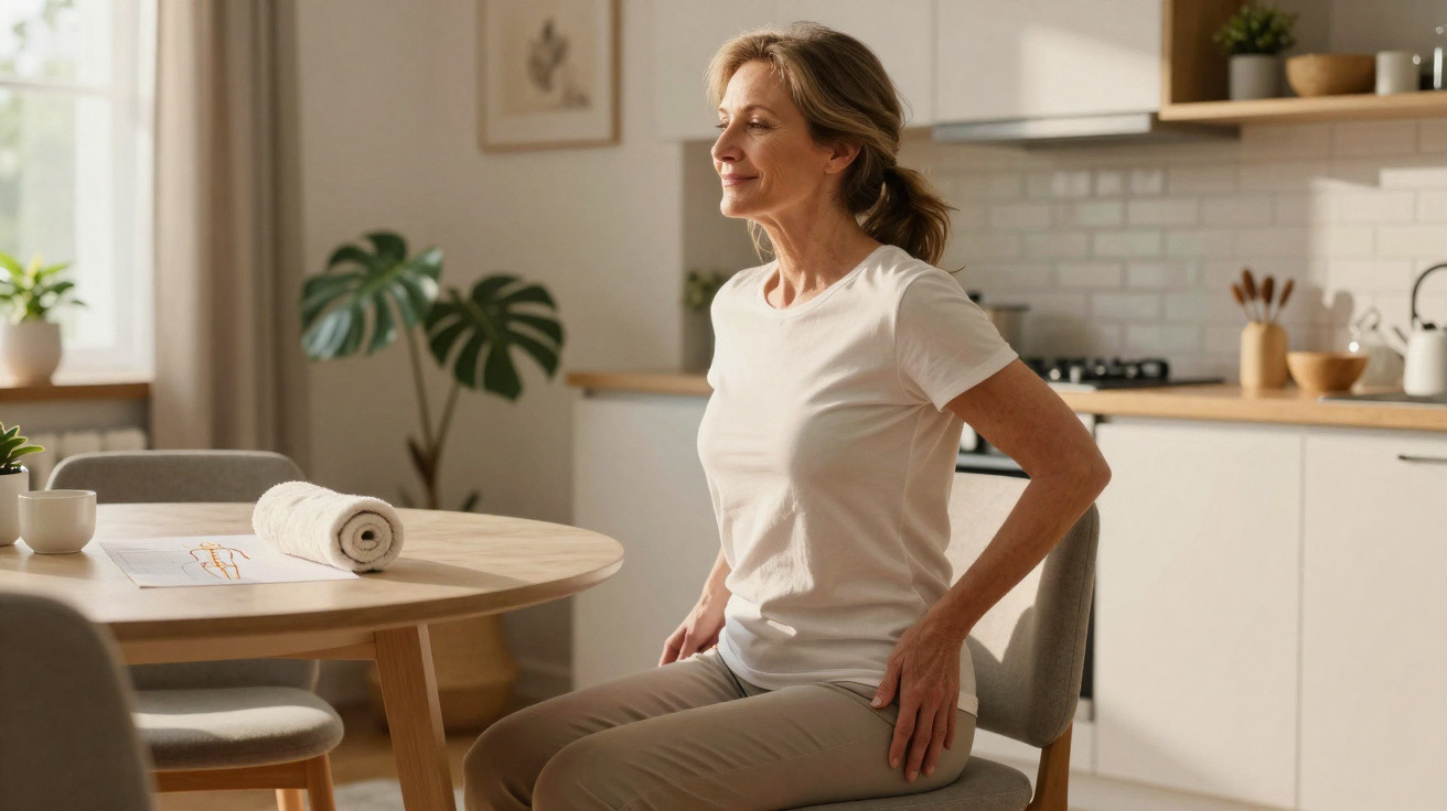 Mulher sentada em cadeira a fazer exercício de alongamento, num ambiente luminoso e acolhedor.