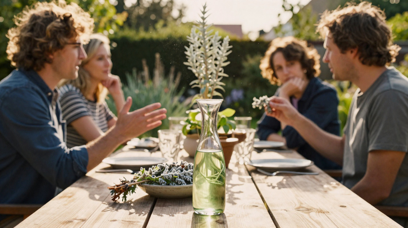 Quatro pessoas conversam à mesa de madeira ao ar livre numa tarde ensolarada, com plantas e copos na mesa.