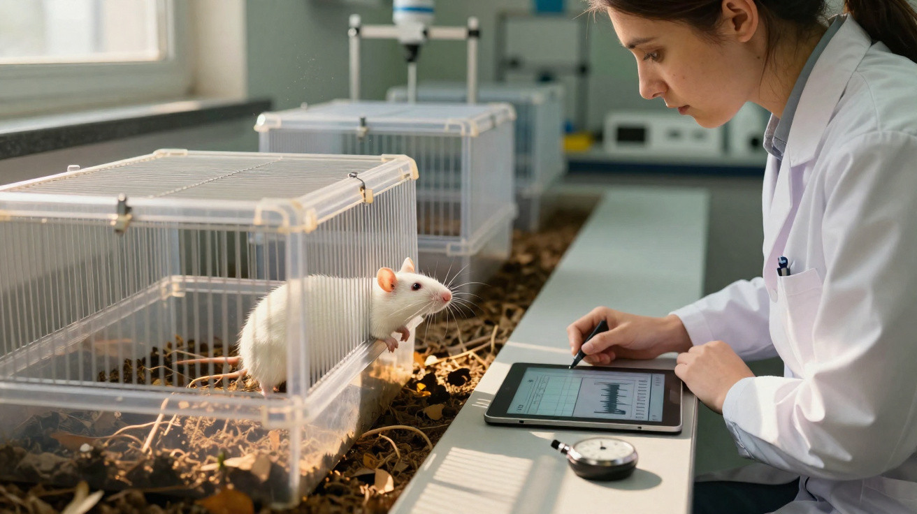 Investigadora analisando dados num tablet perto de rato branco numa gaiola de laboratório.