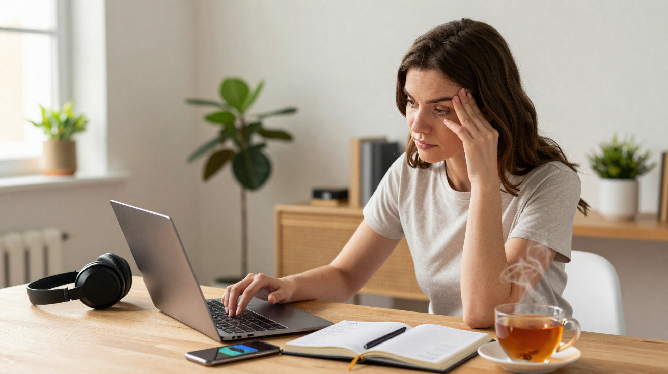Mulher preocupada a trabalhar no computador com caderno aberto e chá numa mesa em casa.