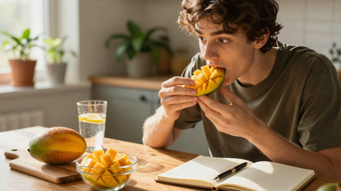 Jovem a comer manga fresca junto a um caderno aberto e um copo de água com limão numa cozinha iluminada.