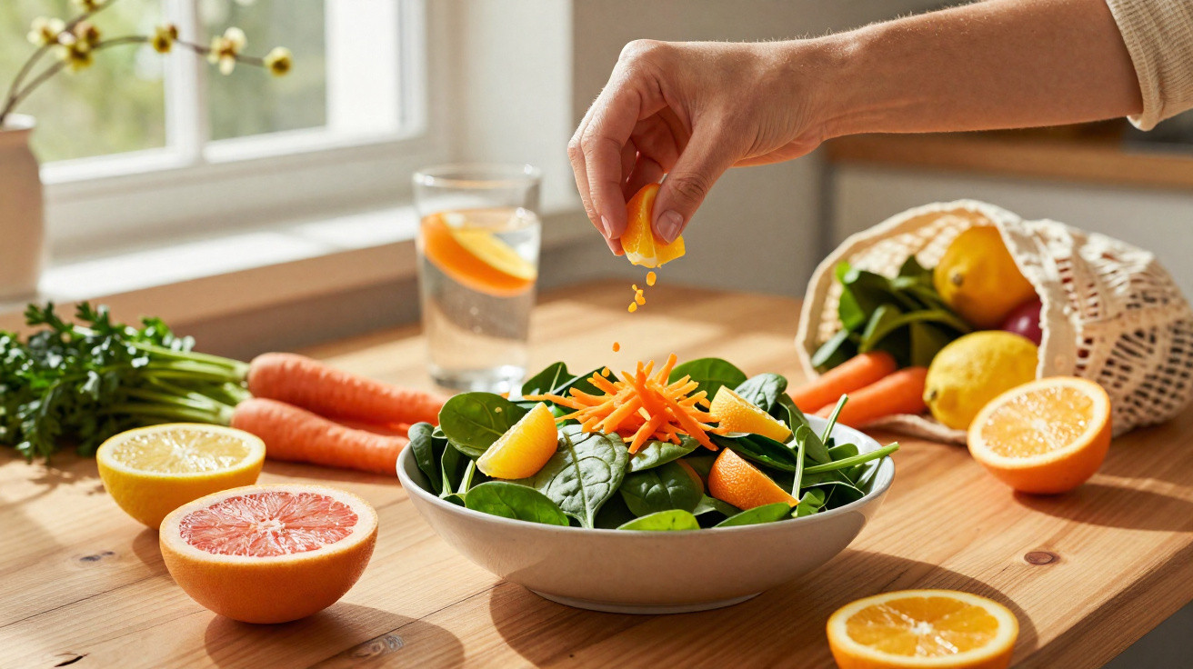 Mão a espremer laranja sobre uma salada com espinafres, cenoura e rodelas de citrinos numa mesa de madeira.