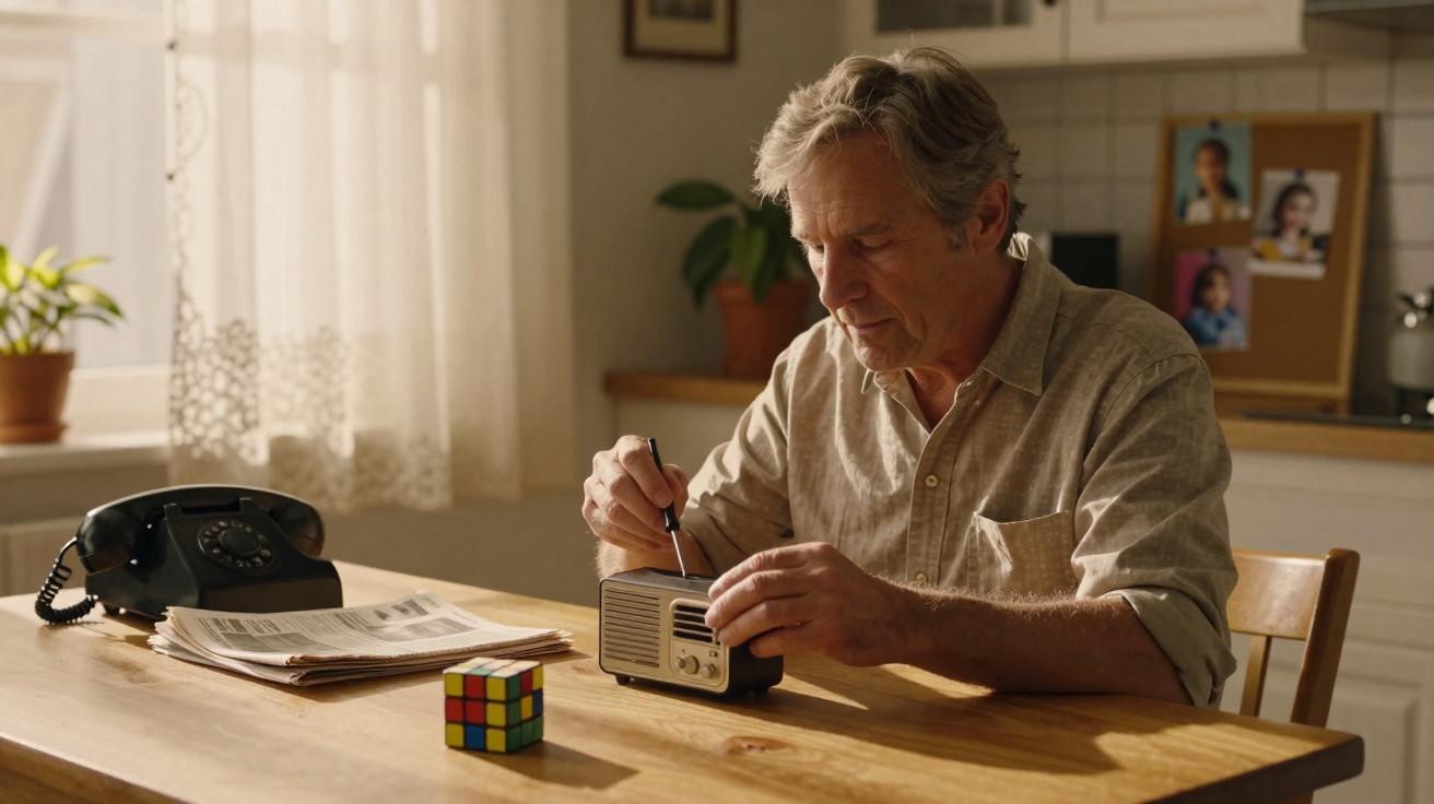 Homem idoso ajusta rádio antigo num ambiente doméstico com telefone, jornal e cubo de Rubik na mesa.