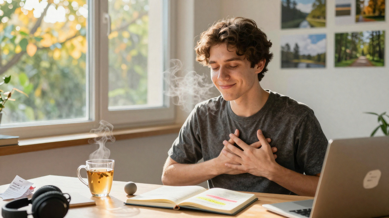 Jovem sentado à mesa com as mãos no peito, lendo um livro aberto, chá quente e portátil à frente.