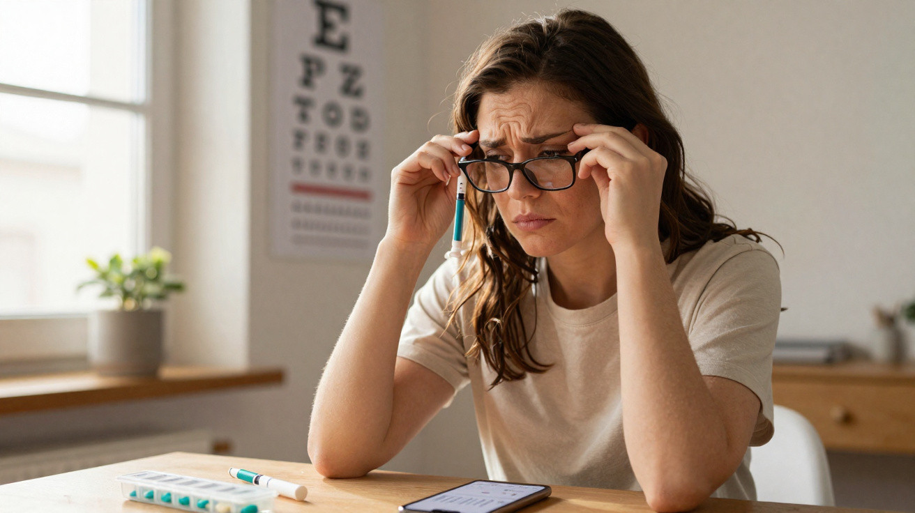 Mulher com expressão preocupada ajusta os óculos enquanto senta à mesa com comprimidos e telemóvel à frente.