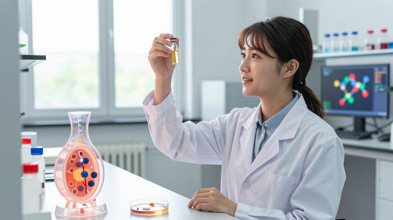Cientista de bata branca analisa amostra líquida amarela num laboratório moderno com equipamentos científicos.