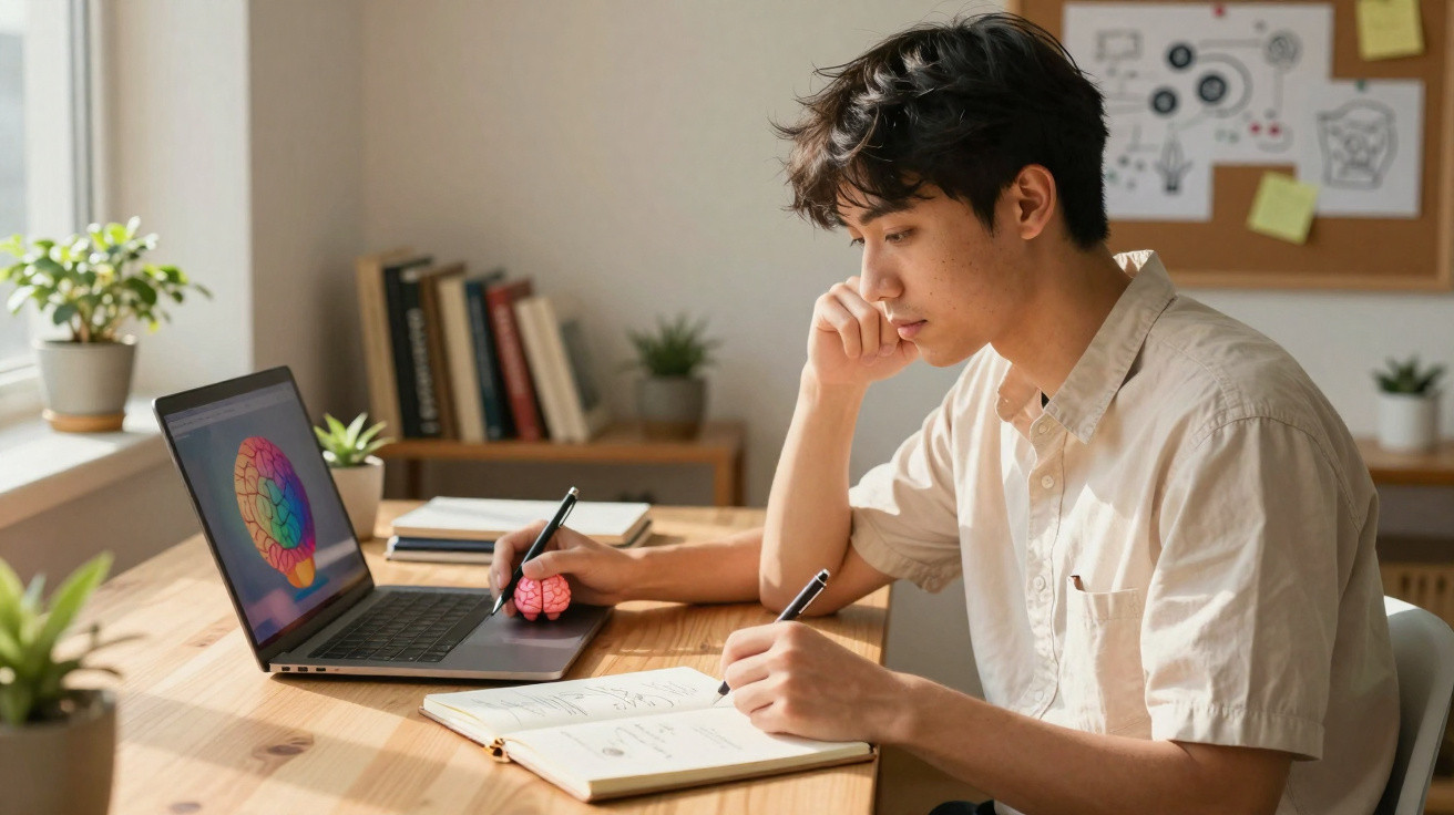 Jovem a estudar com caderno e computador, analisando imagem colorida do cérebro na tela.