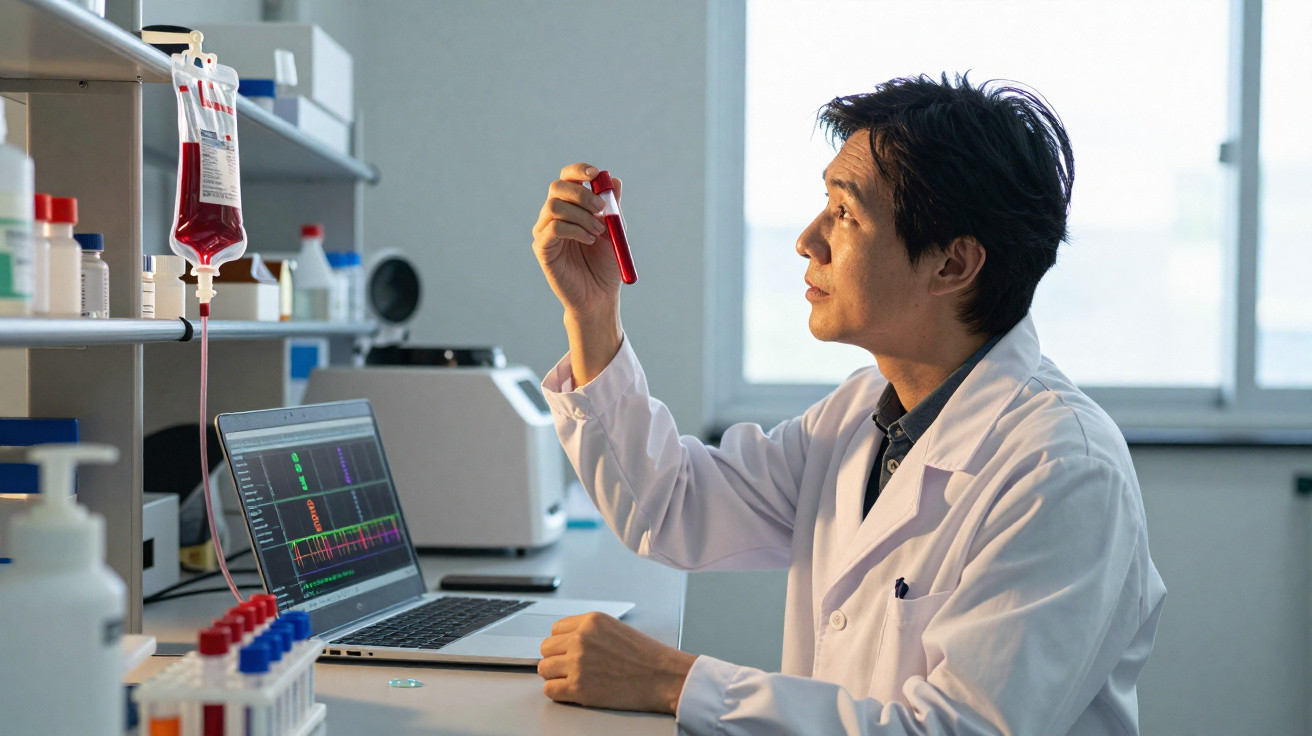 Cientista em laboratório analisa tubo de ensaio com sangue, computador e material de laboratório ao fundo.
