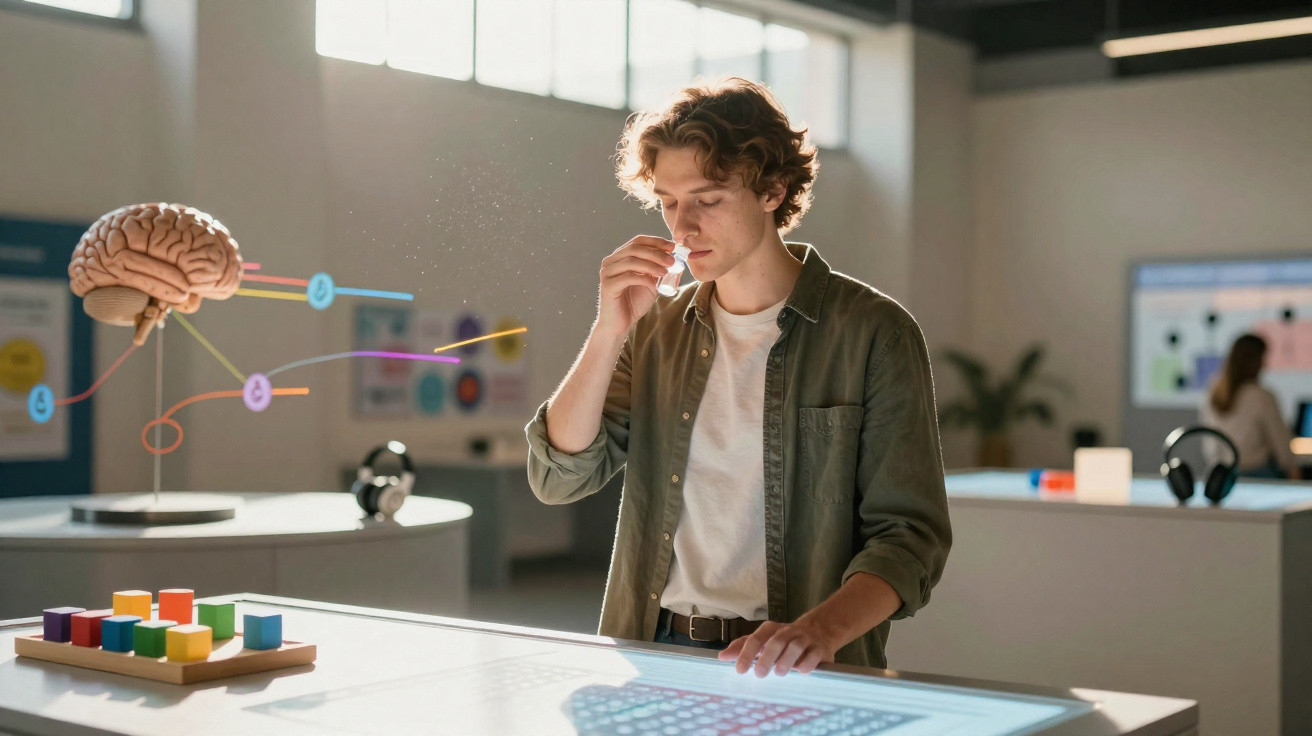 Jovem a explorar padrões neurológicos num laboratório interativo com modelos 3D e tecnologia digital avançada.