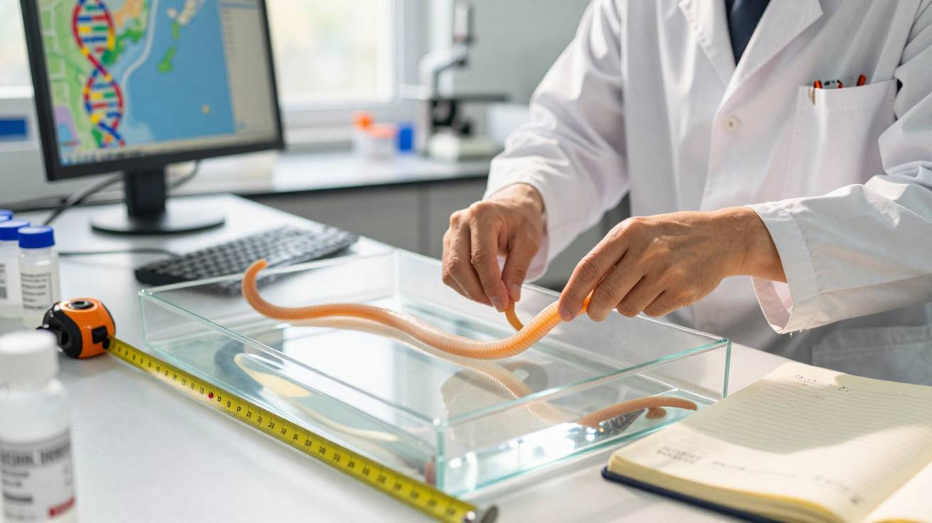 Investigador em laboratório manipula minhoca para estudo genético junto a computador e caderno.
