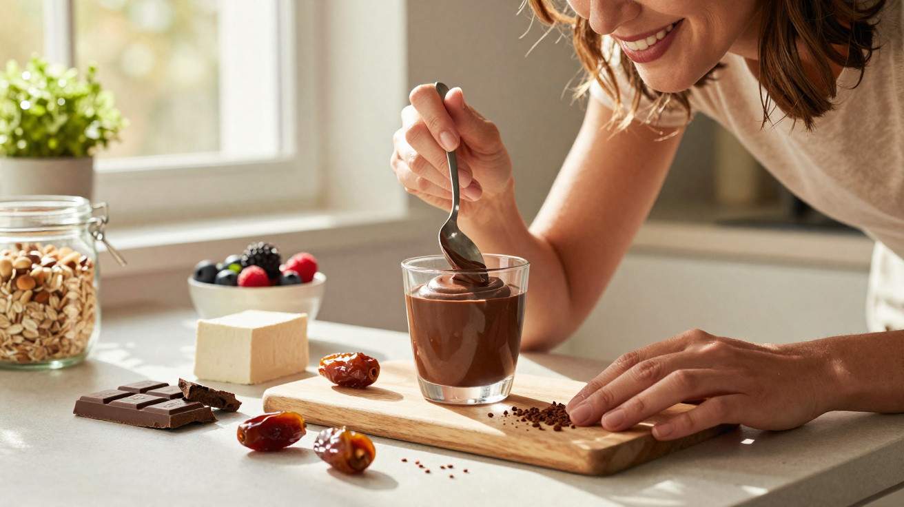 Mulher sorridente provando mousse de chocolate com tâmaras e frutas numa cozinha iluminada.