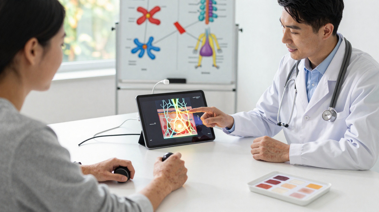 Médico a explicar imagens médicas num tablet a paciente num consultório clínico iluminado.