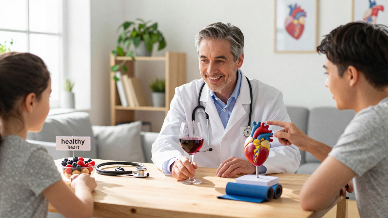 Médico explica modelo de coração a duas crianças numa consulta, segurando copo de vinho tinto.