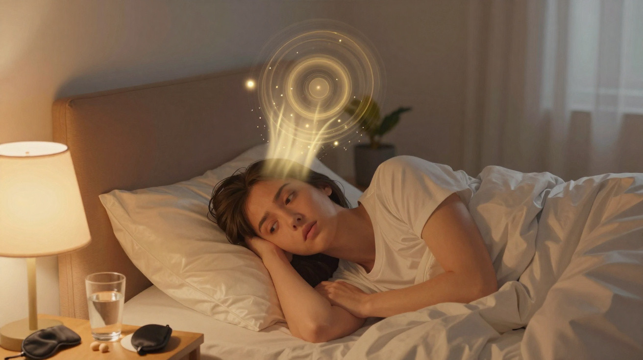 Mulher deitada na cama, olhos abertos, com luzes douradas flutuantes simbolizando pensamentos ou sonhos.