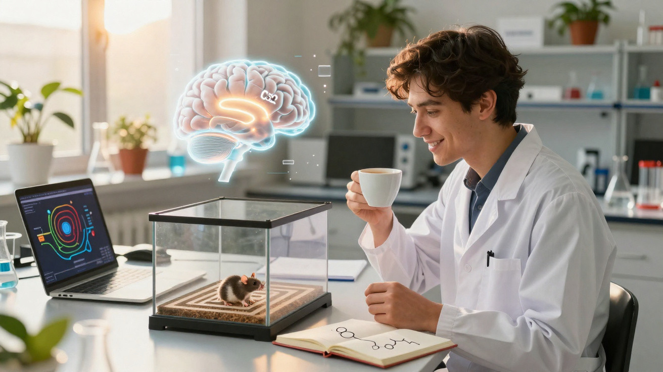 Cientista em bata branca observa rato num laboratório com projeção holográfica de cérebro e gráficos no computador.