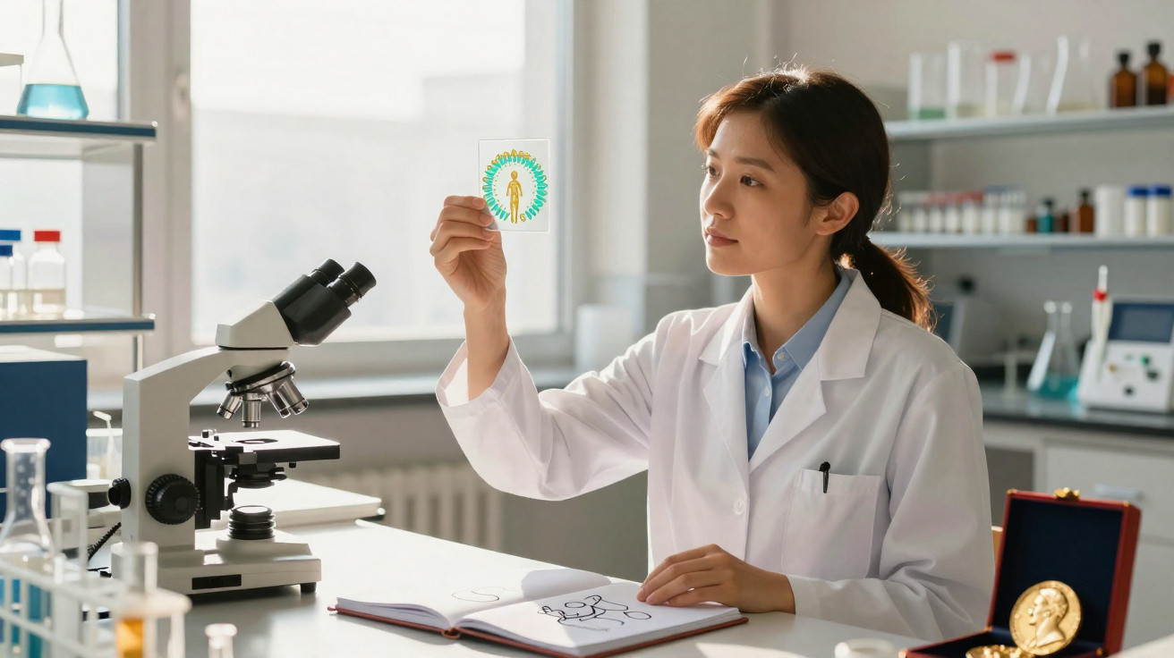 Mulher cientista em laboratório analisando imagem de célula com microscópio e livro aberto com desenho humano.