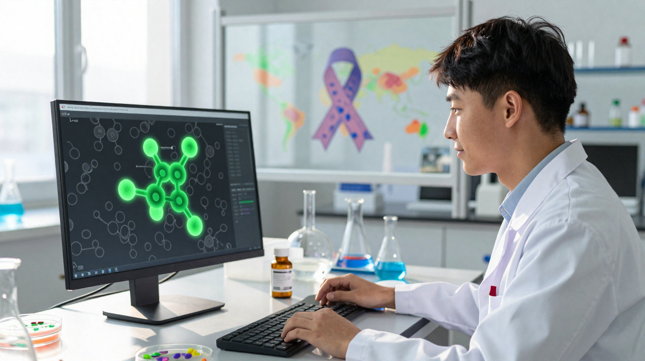 Jovem cientista a analisar moléculas em modelo digital num laboratório moderno com equipamentos científicos.