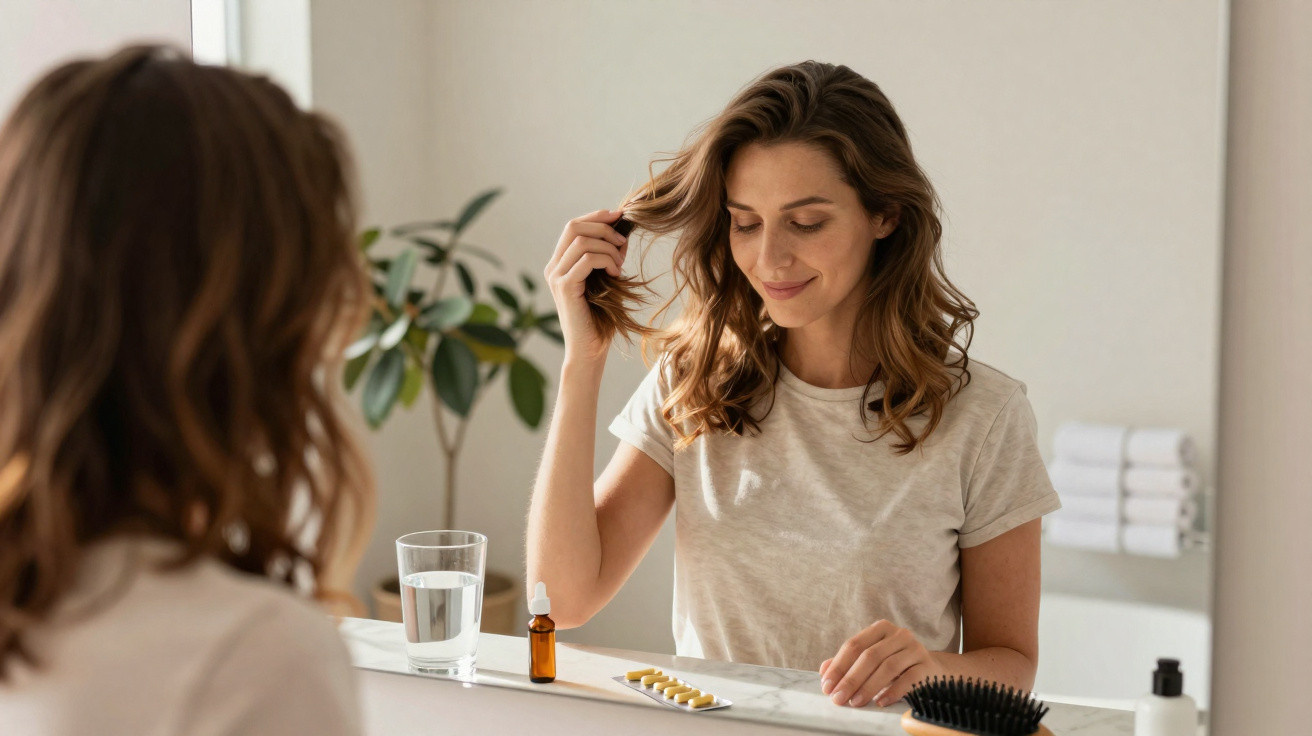Mulher a cuidar do cabelo em frente ao espelho com comprimidos, frasco e copo de água na bancada.