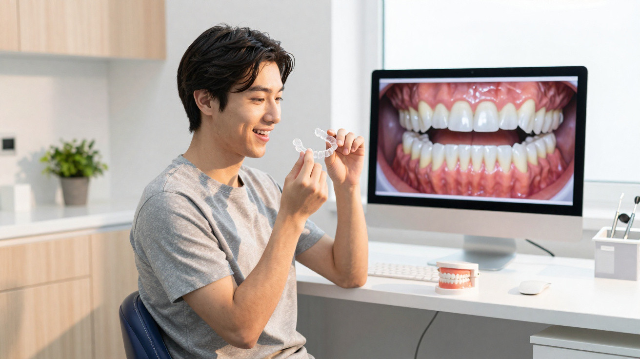 Homem sentado numa clínica dentária a segurar alinhadores dentários transparentes frente a ecrã com dentes exibidos.