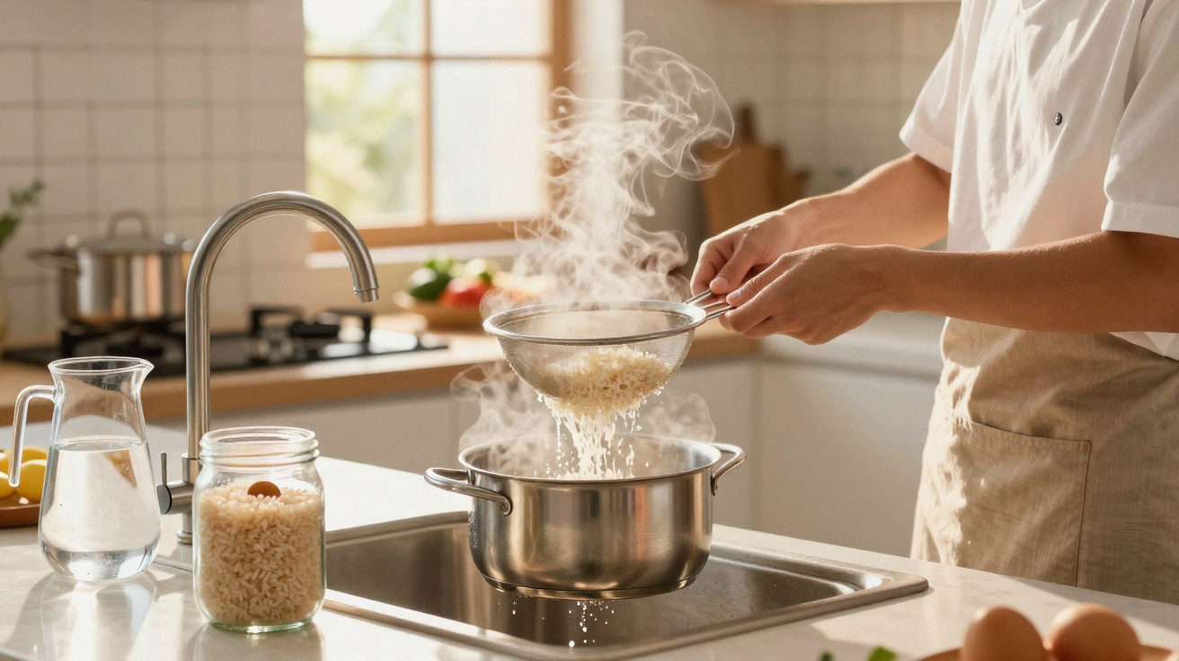 Pessoa a cozinhar arroz ao coar a água numa panela a ferver numa cozinha moderna bem iluminada.