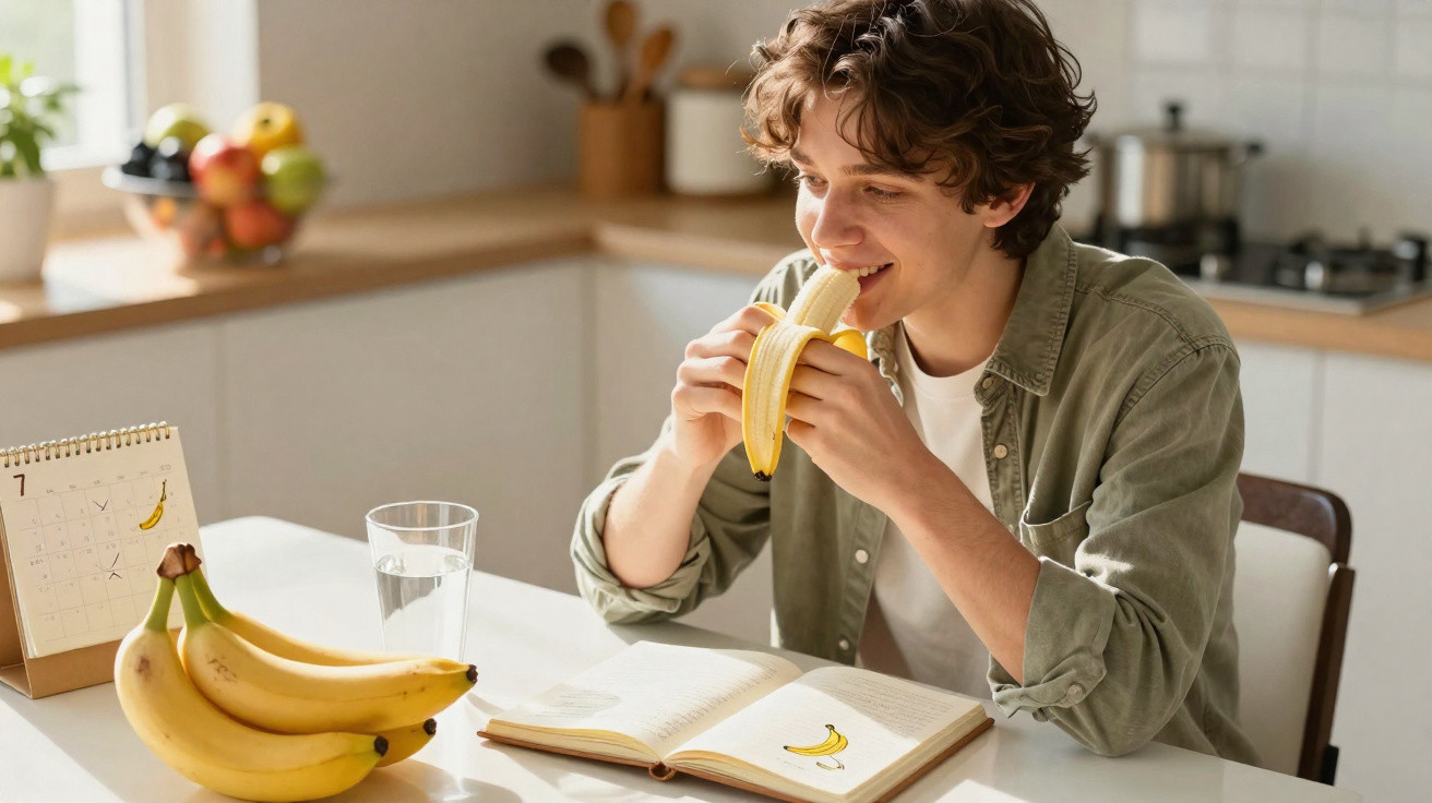 Jovem a comer uma banana, sentado numa cozinha com livro e cacho de bananas na mesa branca.