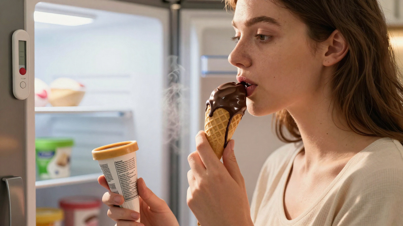 Mulher a comer gelado de chocolate em cone, diante do frigorífico aberto com vários produtos no interior.